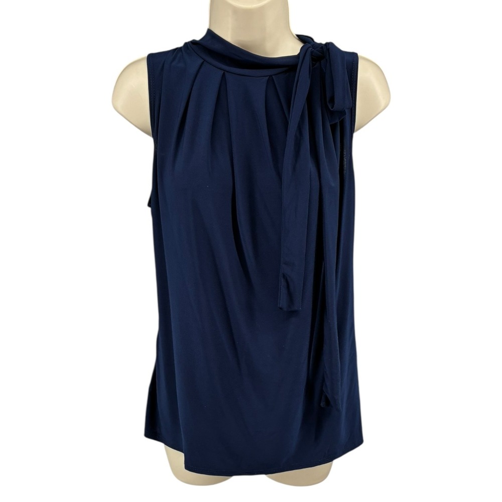 Tiffany &‎ Grey Petite Navy Blue Sleeveless Tie Neck Pleated Blouse Top Large P